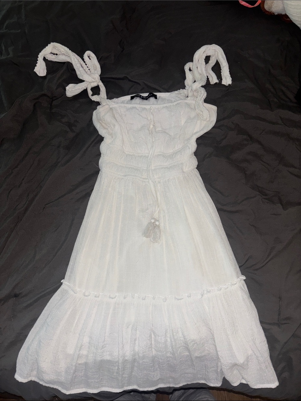 White Smocked Tie-Shoulder Midi Dress with Tassel Detail
